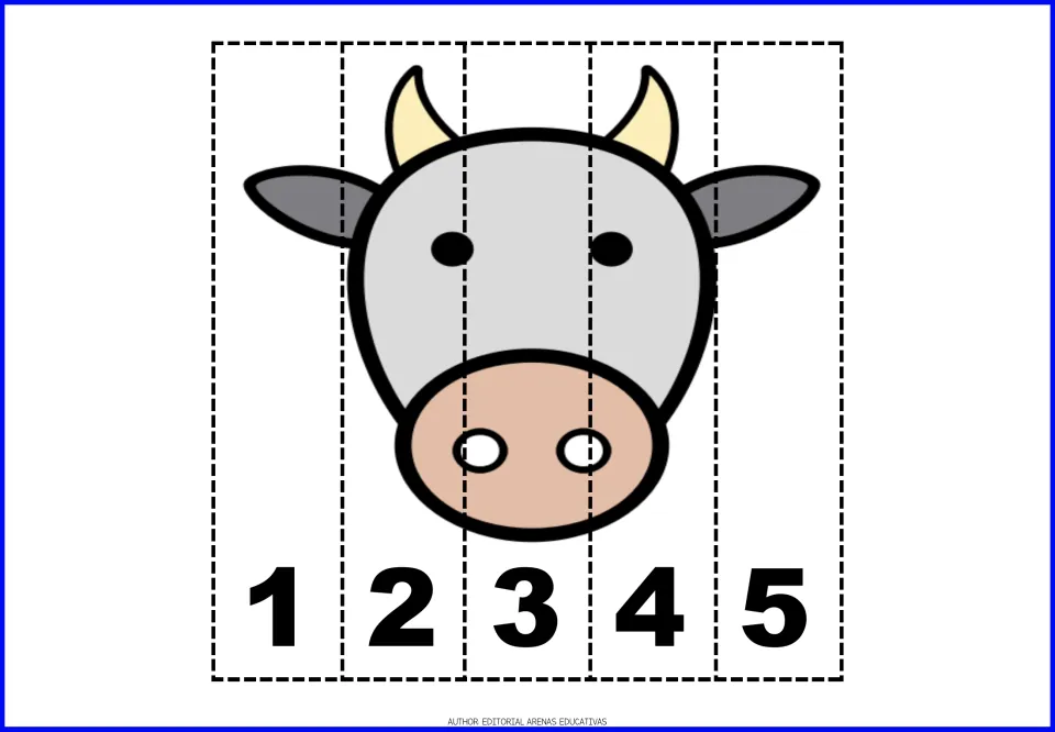 Cow face puzzle: gray cow with horns and a pink nose on five strips numbered 1 to 5; students sequence them to rebuild it