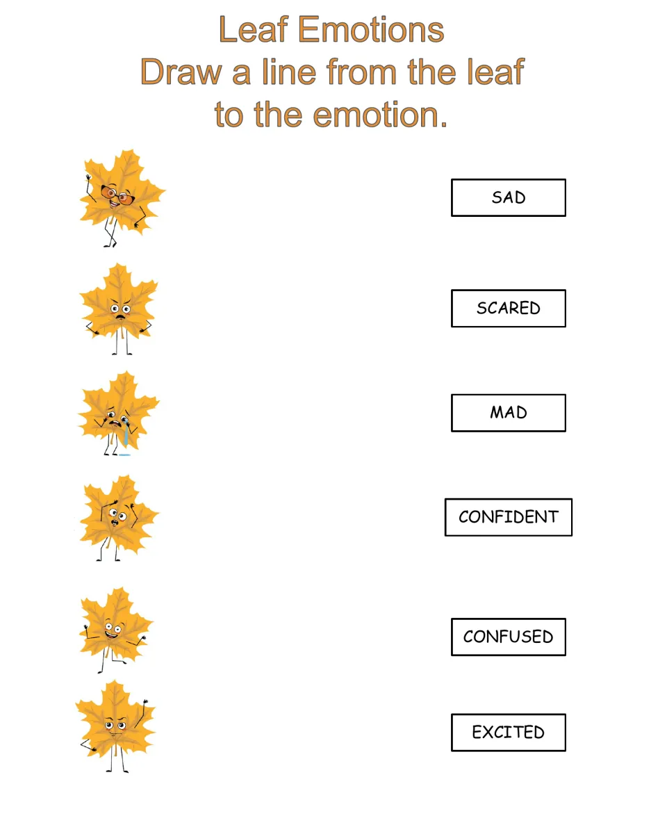 Leaf Emotions matching activity: match six leaf faces to sad, scared, mad, confident, confused, and excited