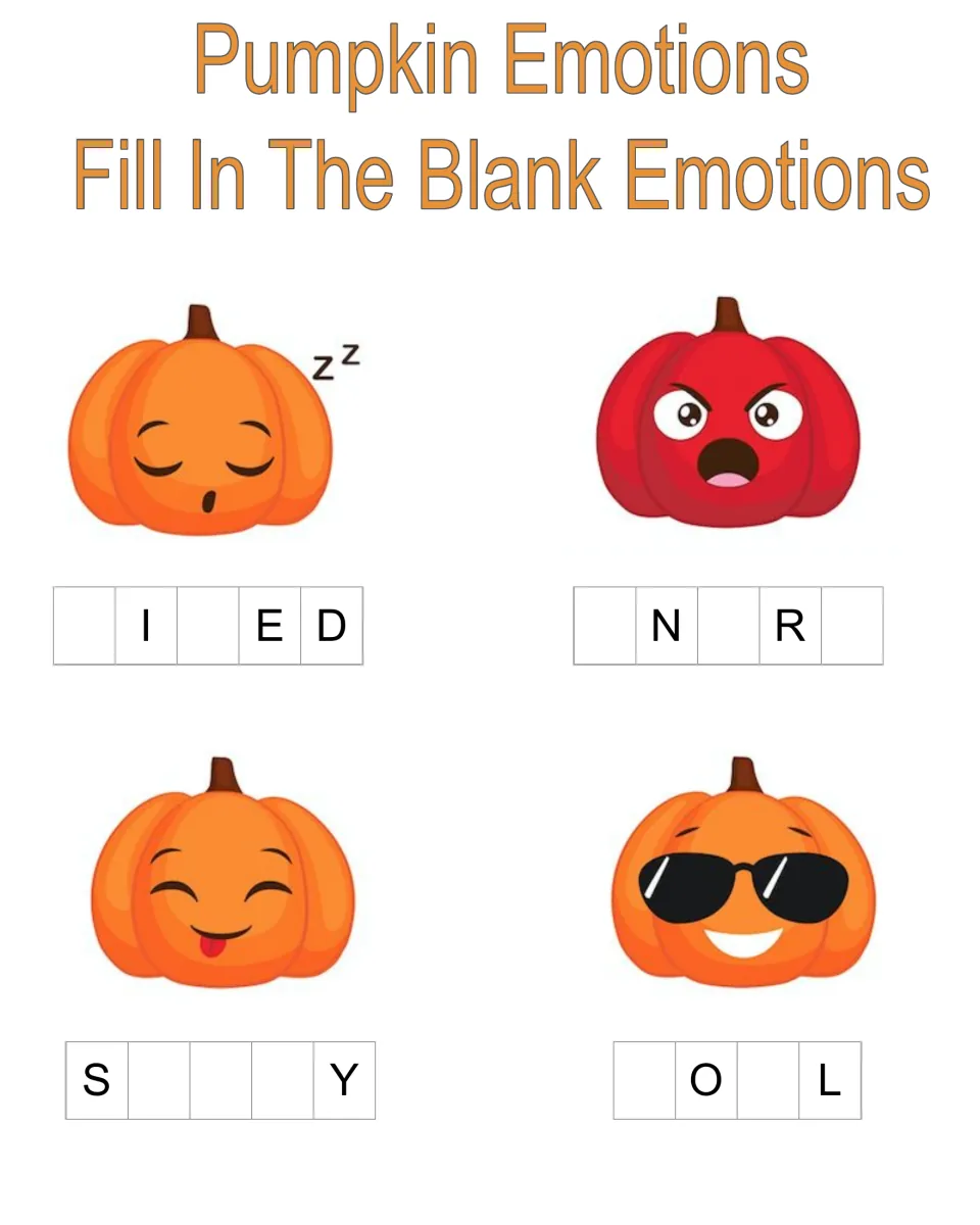 Pumpkin Emotions activity: fill in missing letters to name four pumpkin expressions using letter clues