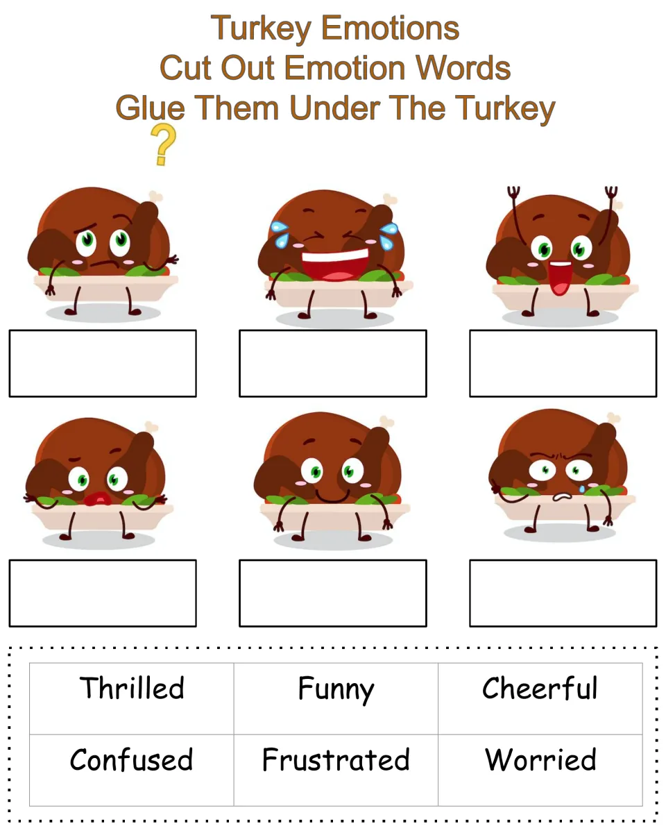 Turkey Emotions activity: cut and glue thrilled, funny, cheerful, confused, frustrated, and worried