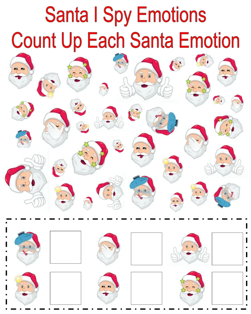 Santa I Spy Emotions activity: count the Santa faces that match each of six pictured expressions