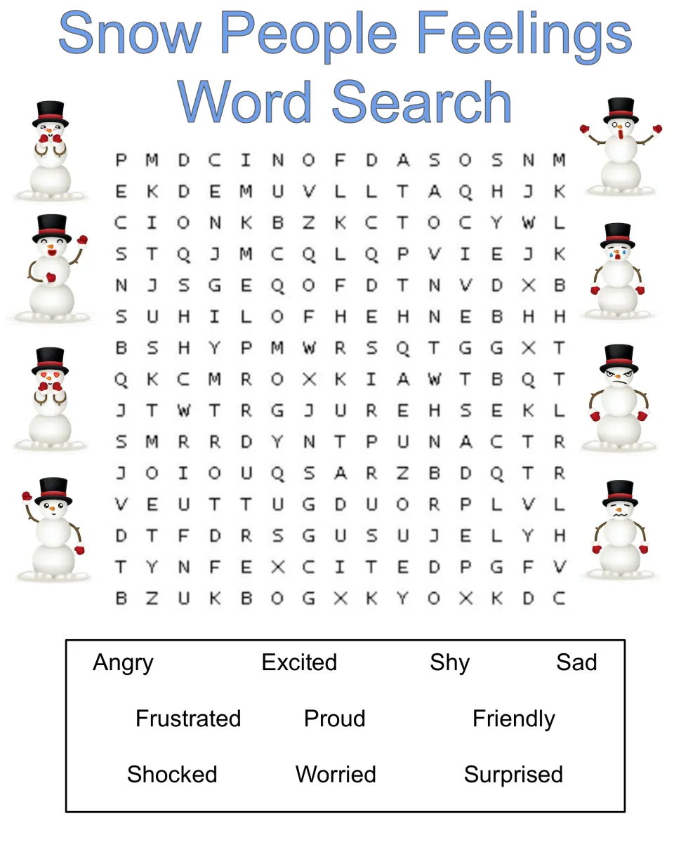 Snow People Feelings word search: find angry, excited, shy, sad, frustrated, proud, and four more words