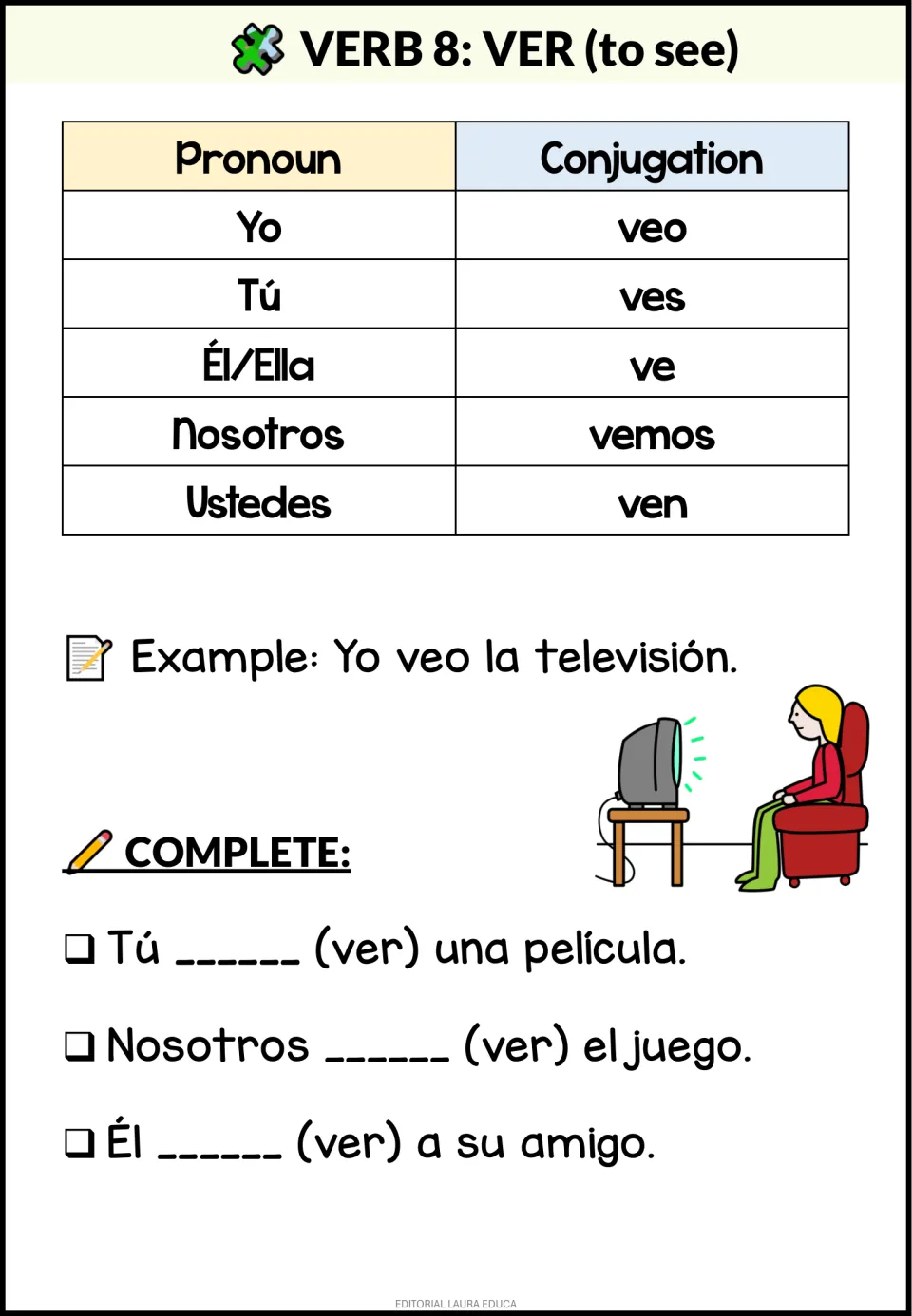 Ver (to see) forms veo to ven with Yo veo la televisión; students fill in ver for a movie, a game and a friend
