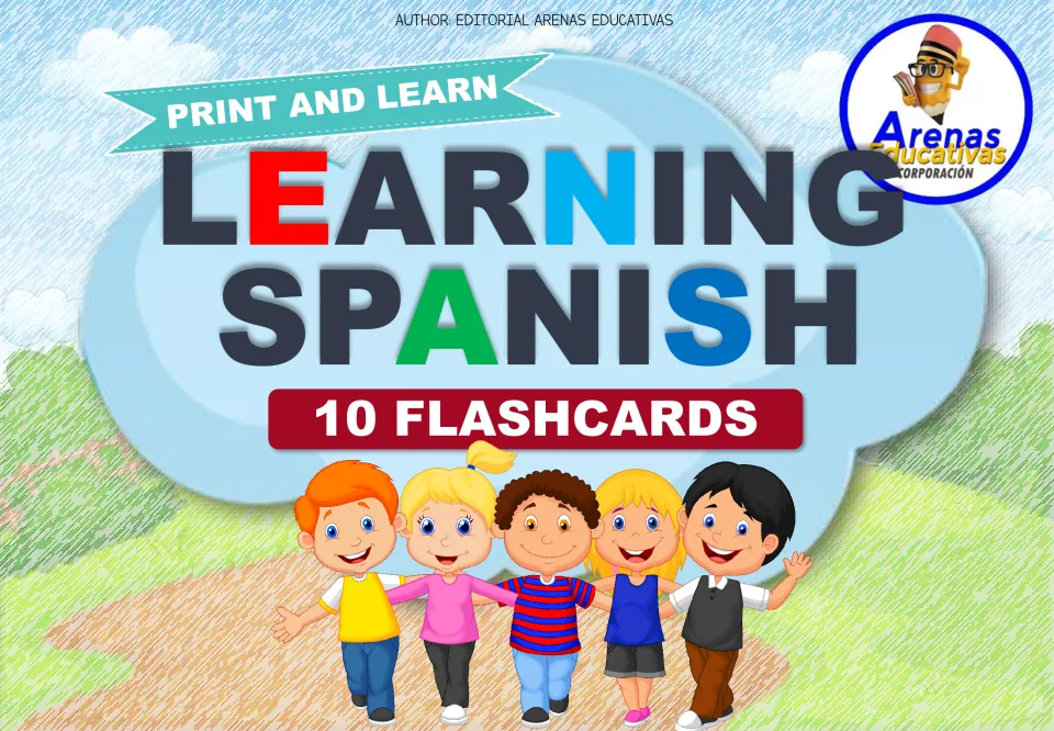 Cover of the Spanish flashcard resource, labeled 'Print and Learn,' 'Learning Spanish' and '10 Flashcards'