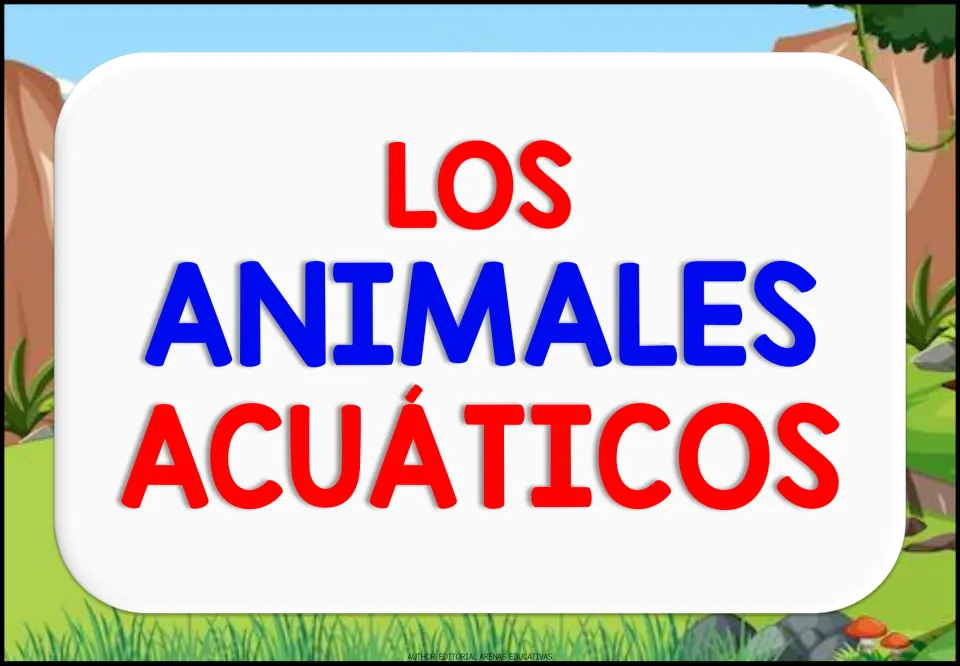 Topic title page for the Spanish flashcard set, reading 'Los animales acuáticos' (aquatic animals)