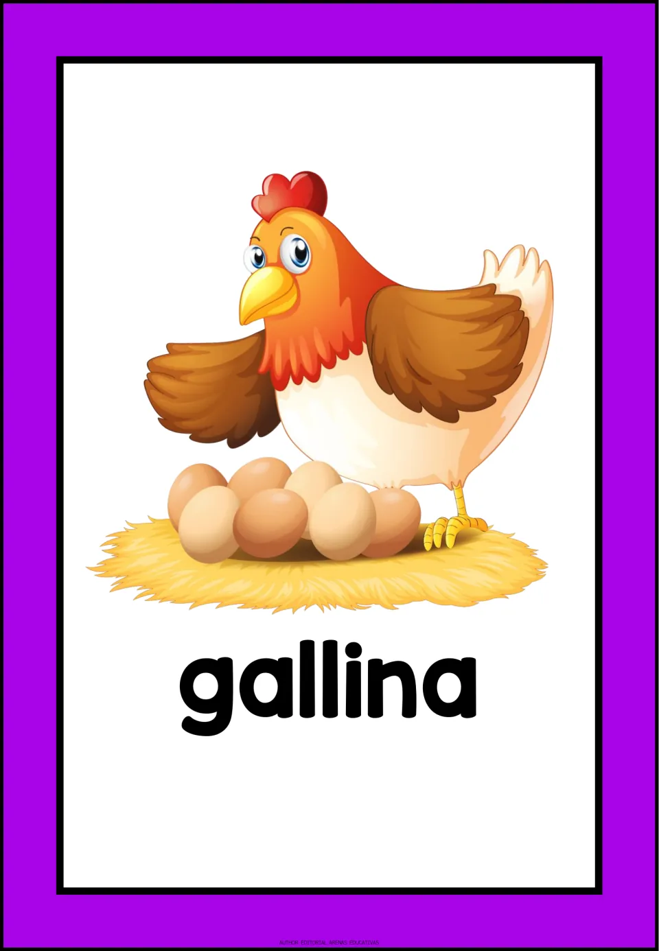 Spanish domestic-animal vocabulary flashcard labeled 'gallina' (hen), showing a hen beside a nest of eggs