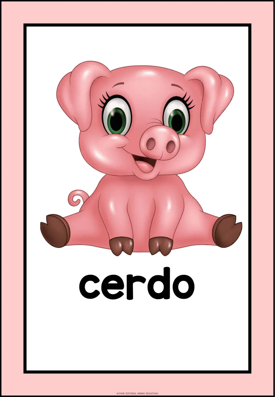 Spanish domestic-animal vocabulary flashcard labeled 'cerdo' (pig), showing a seated pink pig smiling