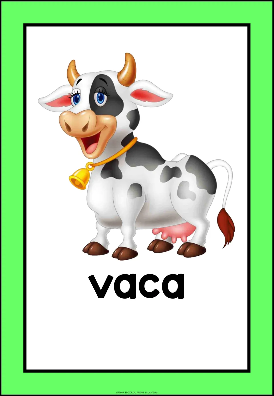 Spanish domestic-animal vocabulary flashcard labeled 'vaca' (cow), showing a spotted cow wearing a bell