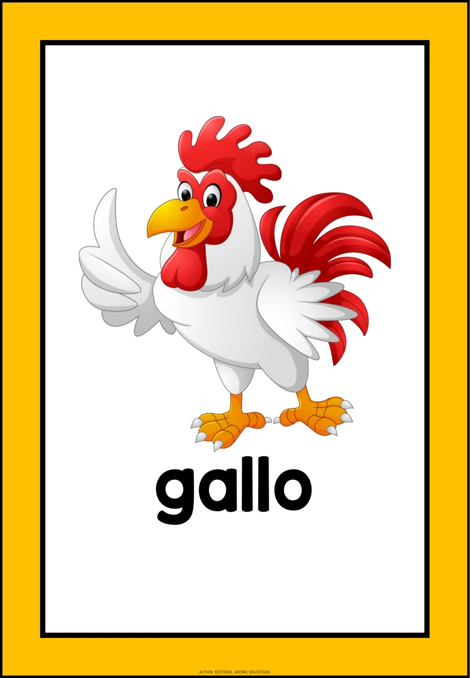 Spanish domestic-animal vocabulary flashcard labeled 'gallo' (rooster), showing a white rooster with a red tail