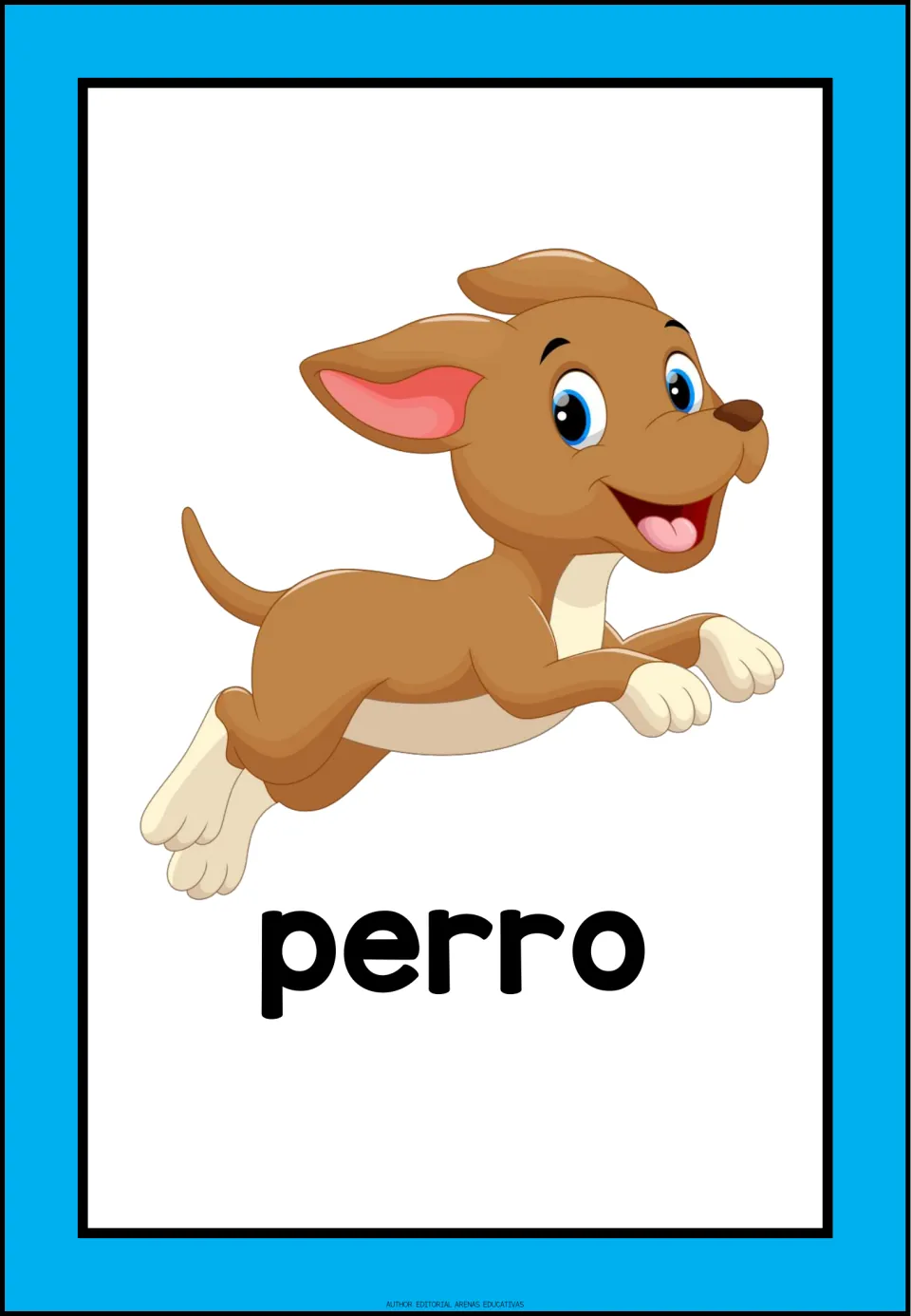 Spanish domestic-animal vocabulary flashcard labeled 'perro' (dog), showing a leaping brown and white dog