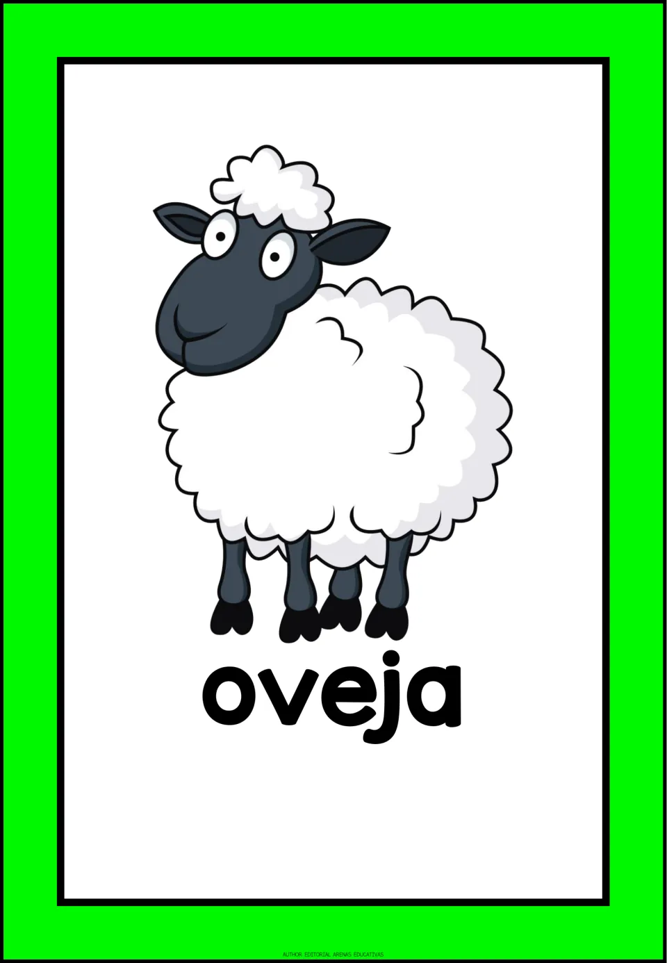 Spanish domestic-animal vocabulary flashcard labeled 'oveja' (sheep), showing a sheep with white wool