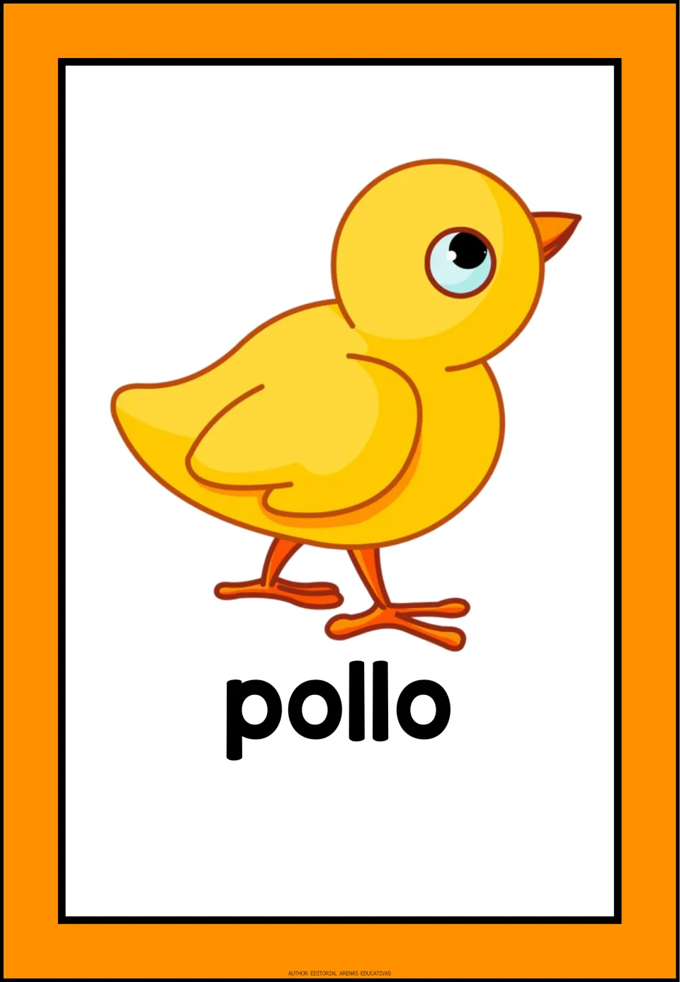 Spanish domestic-animal vocabulary flashcard labeled 'pollo' (chicken), showing a small yellow chick