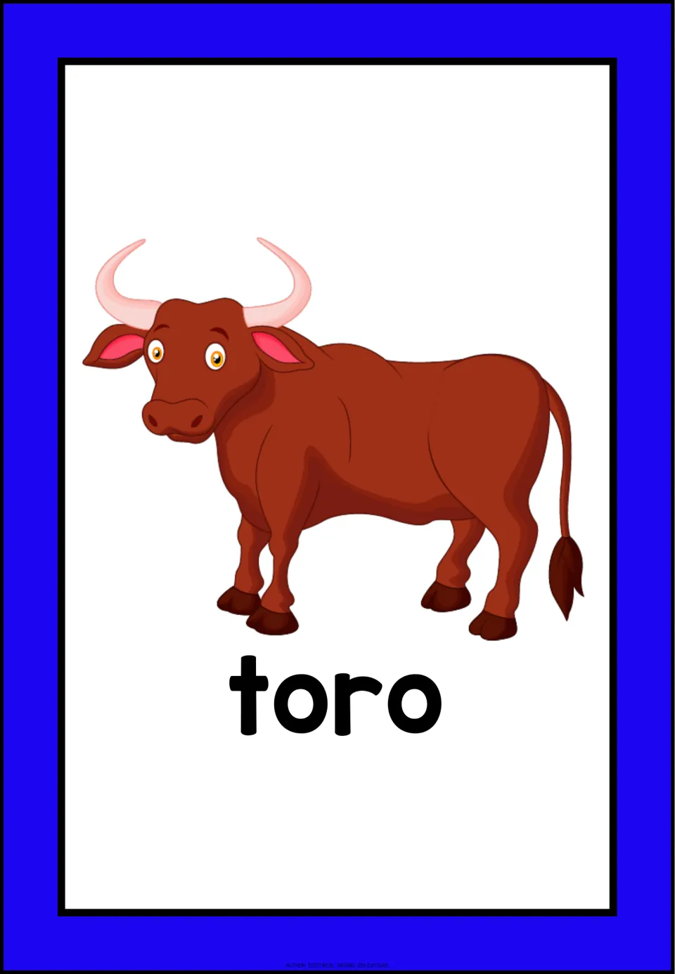 Spanish domestic-animal vocabulary flashcard labeled 'toro' (bull), showing a brown bull with curved horns