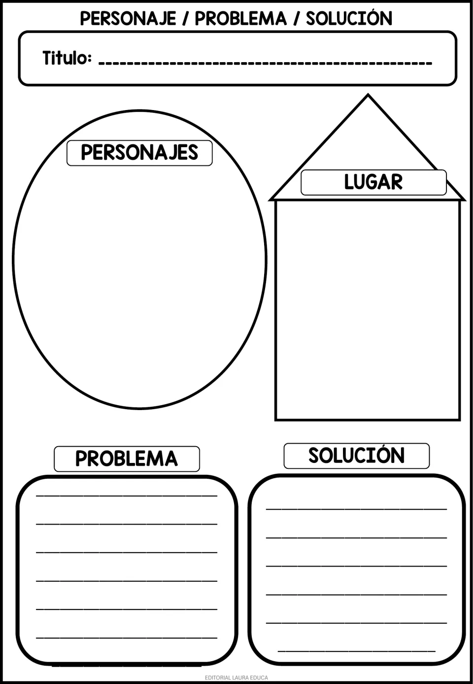 Spanish story elements organizer for personajes (characters), lugar (setting), problem, and solution