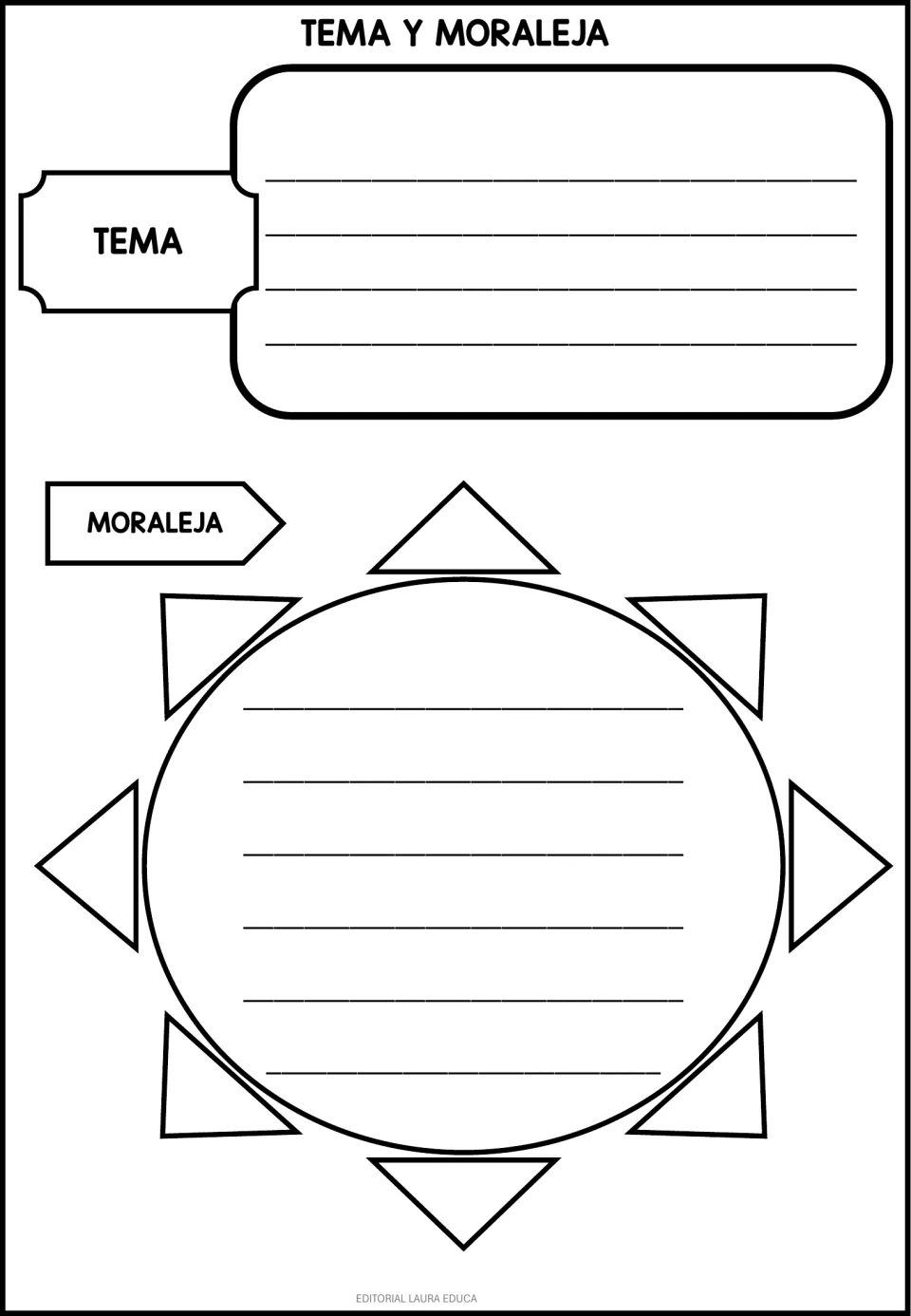 Spanish theme and moral organizer labeled tema (theme) and moraleja (moral), with a response for each