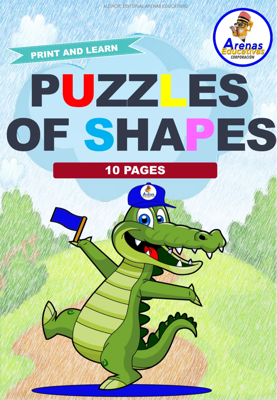 Puzzles of Shapes cover: Print and Learn title with a 10 pages label and a cartoon crocodile holding a blue flag
