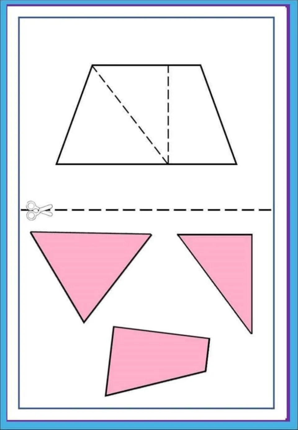 Trapezoid shape puzzle: students cut out three pink pieces, two triangles and a quadrilateral, and fit them in the outline