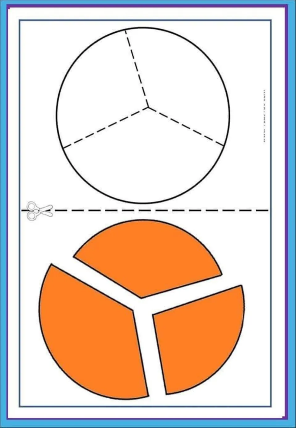 Circle shape puzzle: students cut out three orange sectors and fit them into a circle outline marked in thirds