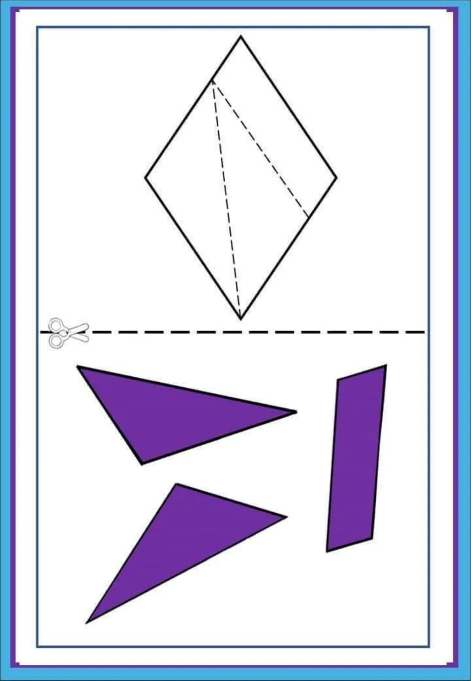 Rhombus shape puzzle: students cut out three purple pieces, two triangles and a strip, and assemble them in the outline