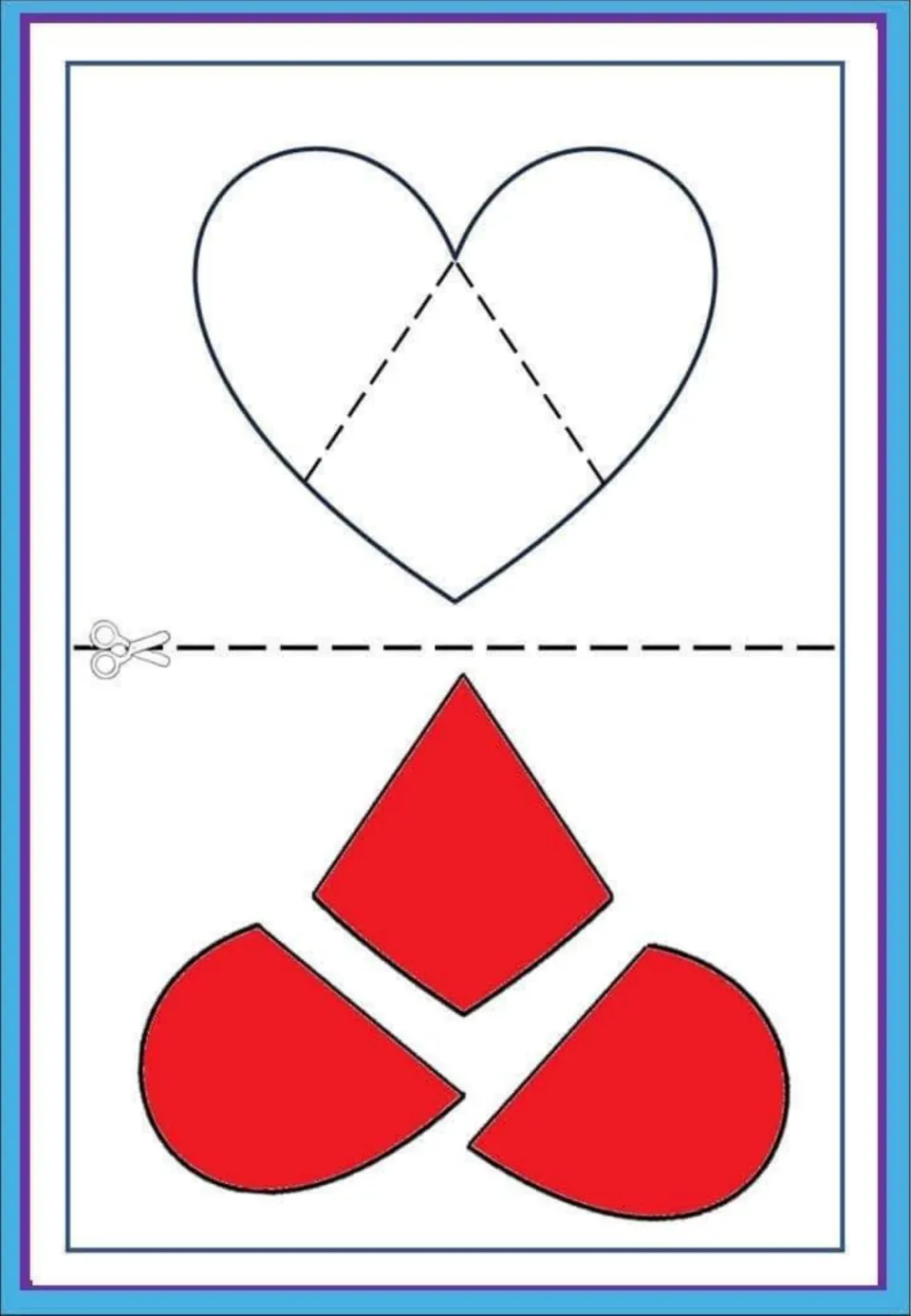 Heart shape puzzle: students cut out three red pieces, a kite and two curved parts, and rebuild the heart outline