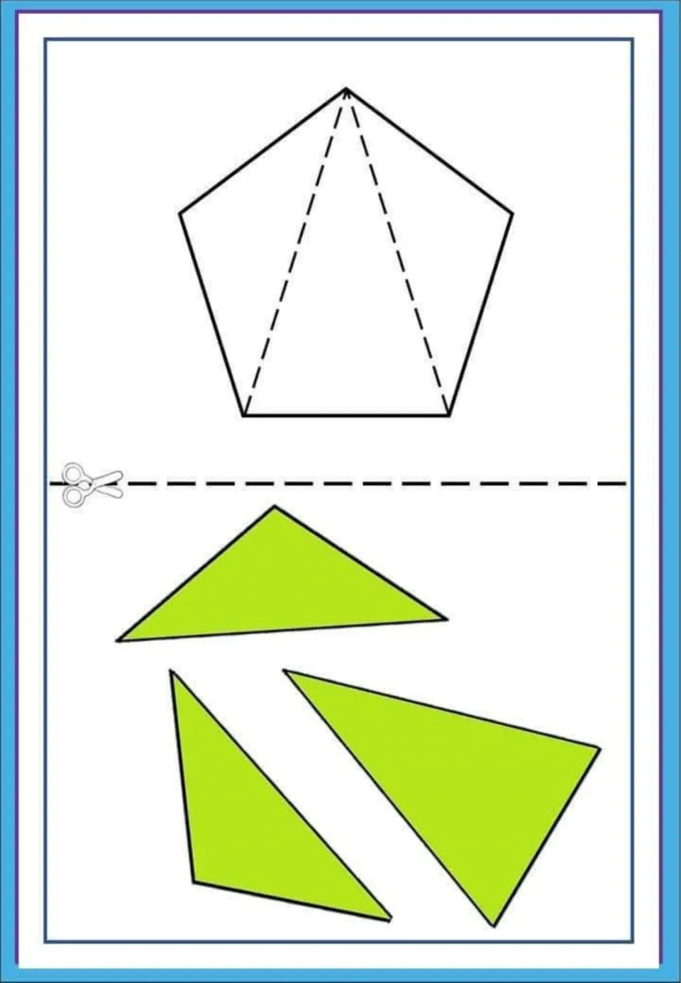 Pentagon shape puzzle: students cut out three green triangles and arrange them to fill the pentagon outline