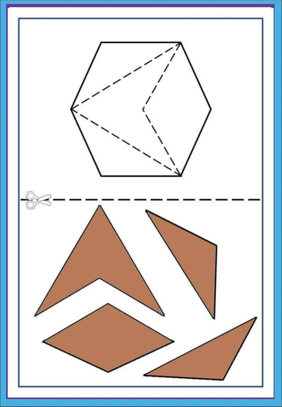 Hexagon shape puzzle: students cut out four brown pieces, including a rhombus and a dart shape, to fill the hexagon