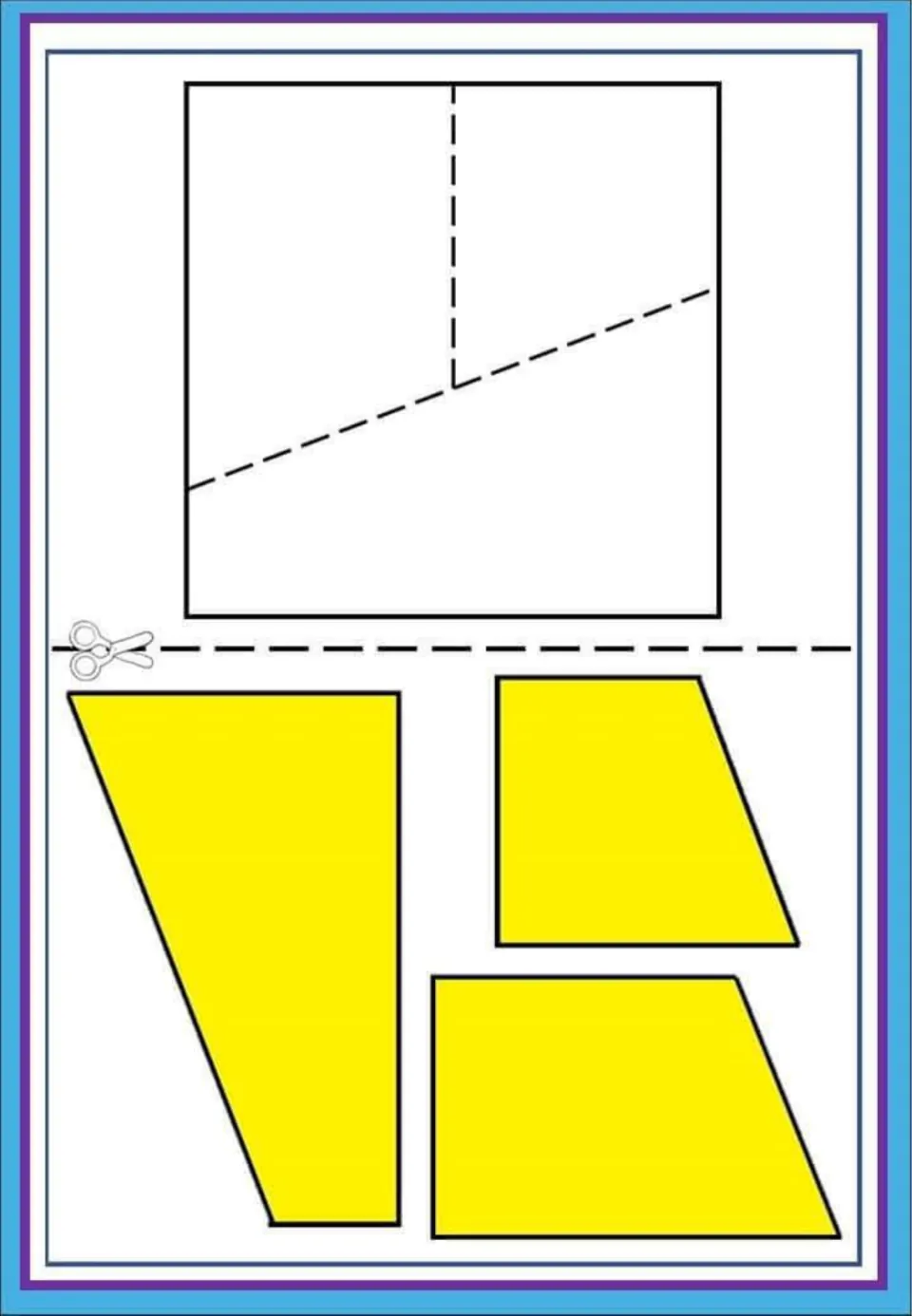Square shape puzzle: students cut out three yellow quadrilaterals and fit them together inside the square outline