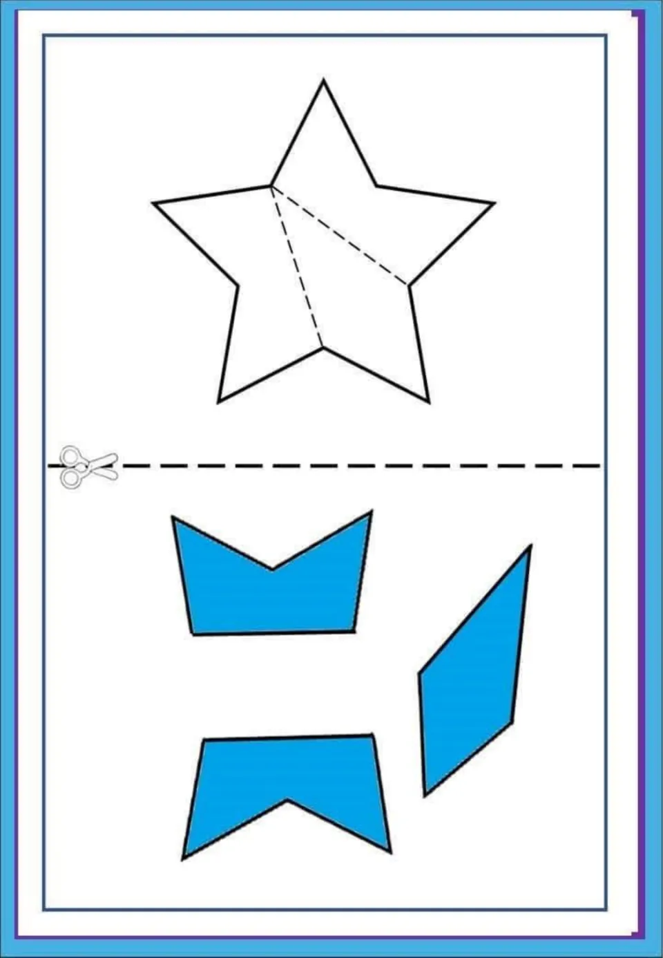 Star shape puzzle: students cut out three blue pieces, two notched shapes and a parallelogram, to rebuild the star