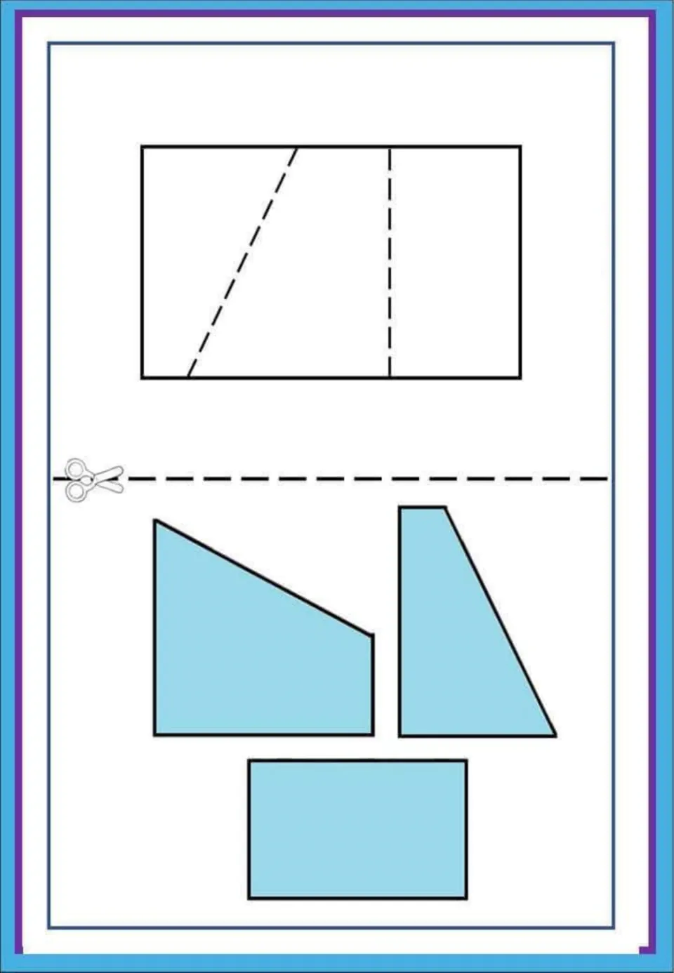 Rectangle shape puzzle: students cut out three light blue pieces, including a small rectangle, to fill the outline