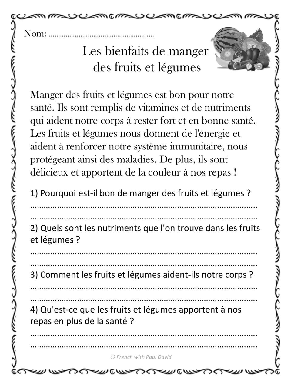 French reading passage on eating fruits and vegetables, with four questions about nutrients and health benefits