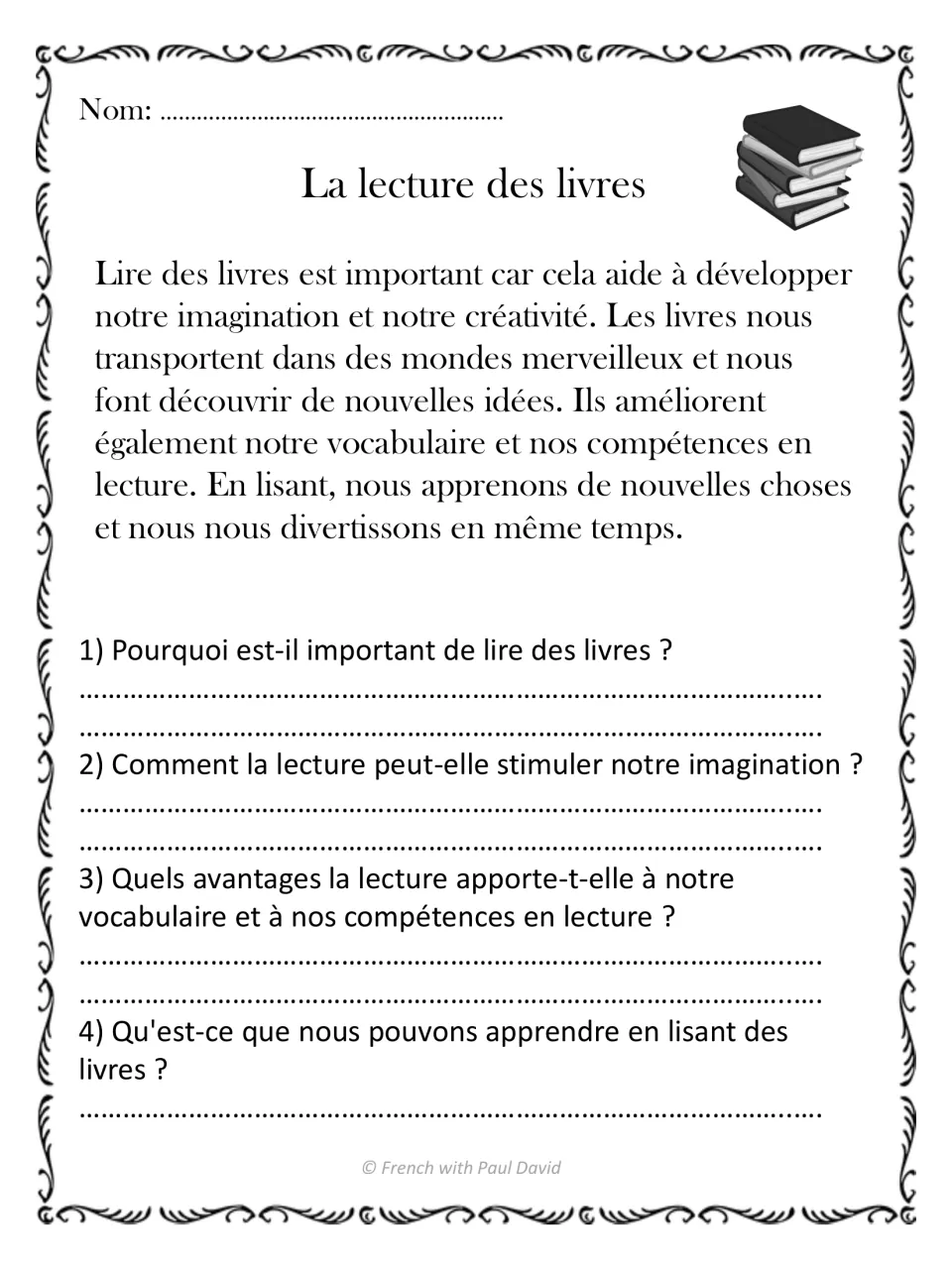 French reading passage on reading books, with four questions about imagination, vocabulary, and learning