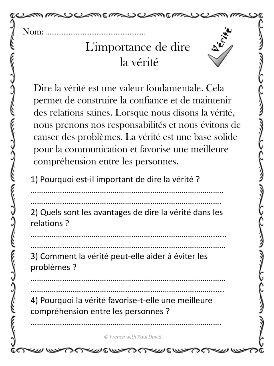 French reading passage on telling the truth, with four questions about trust, relationships, and communication