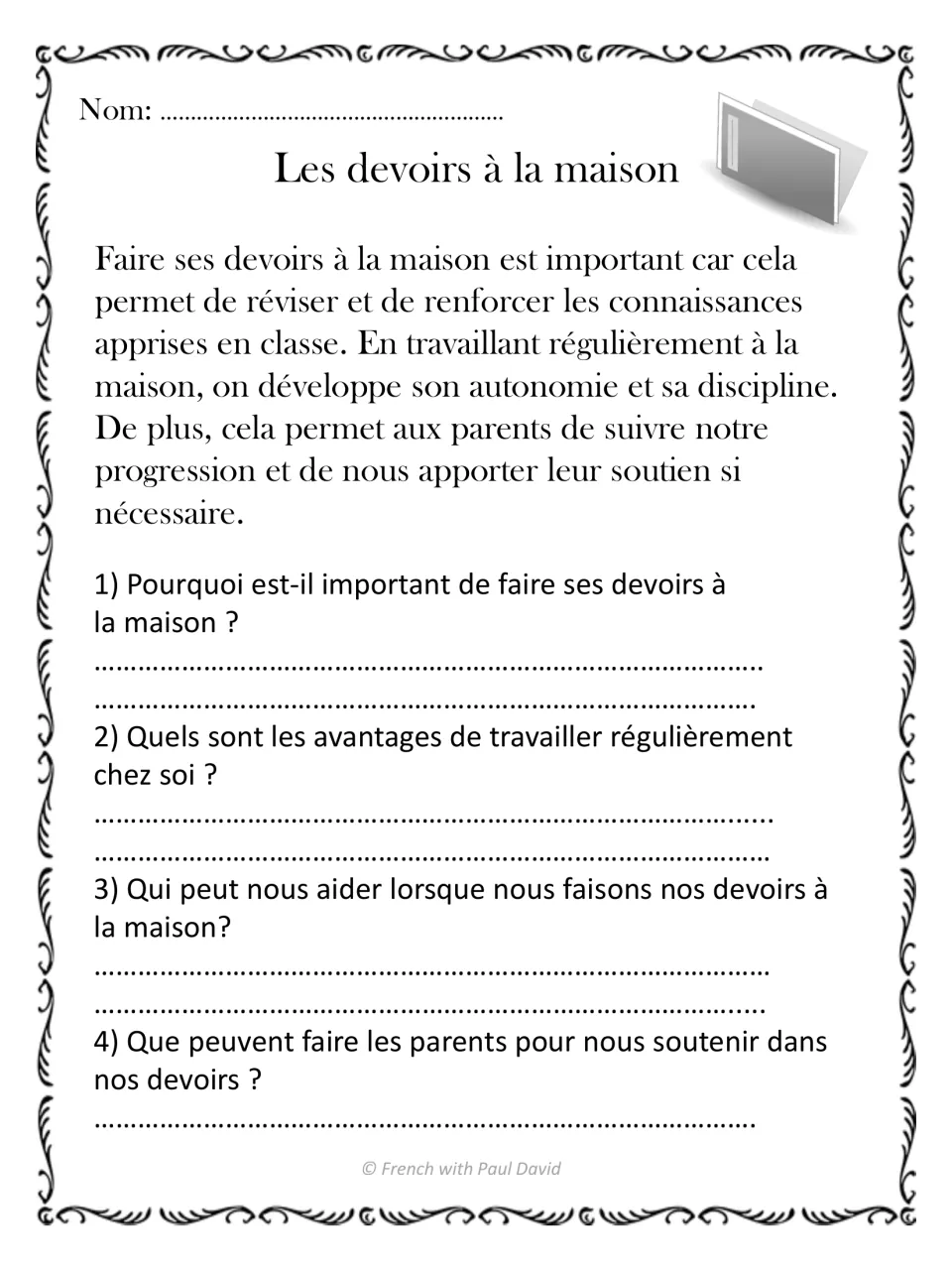French reading passage on homework, with four questions about reviewing lessons, independence, and parent support