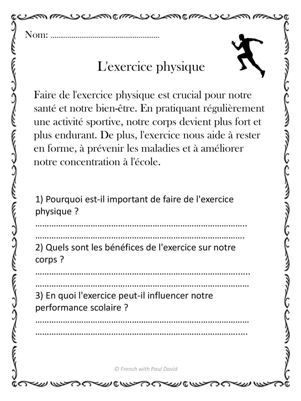French reading passage on physical exercise, with three questions about health, strength, and school performance