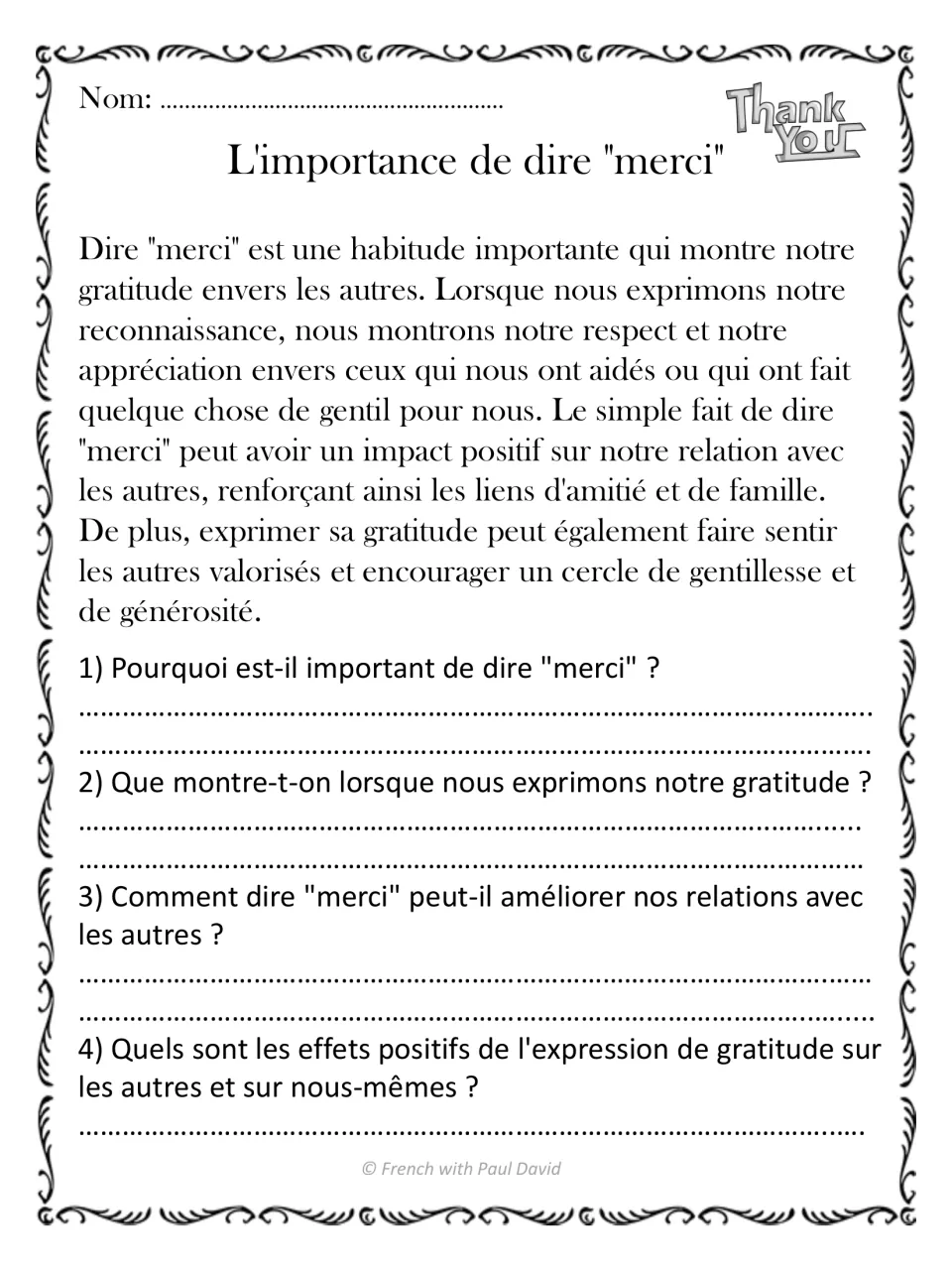 French reading passage on saying merci (thank you), with four questions about gratitude and relationships