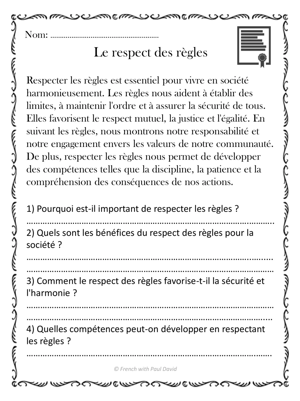French reading passage on following rules, with four questions about society, safety, harmony, and skills