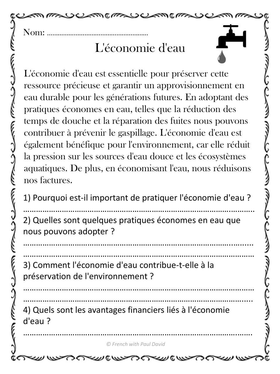 French reading passage on saving water, with four questions about conservation, the environment, and costs