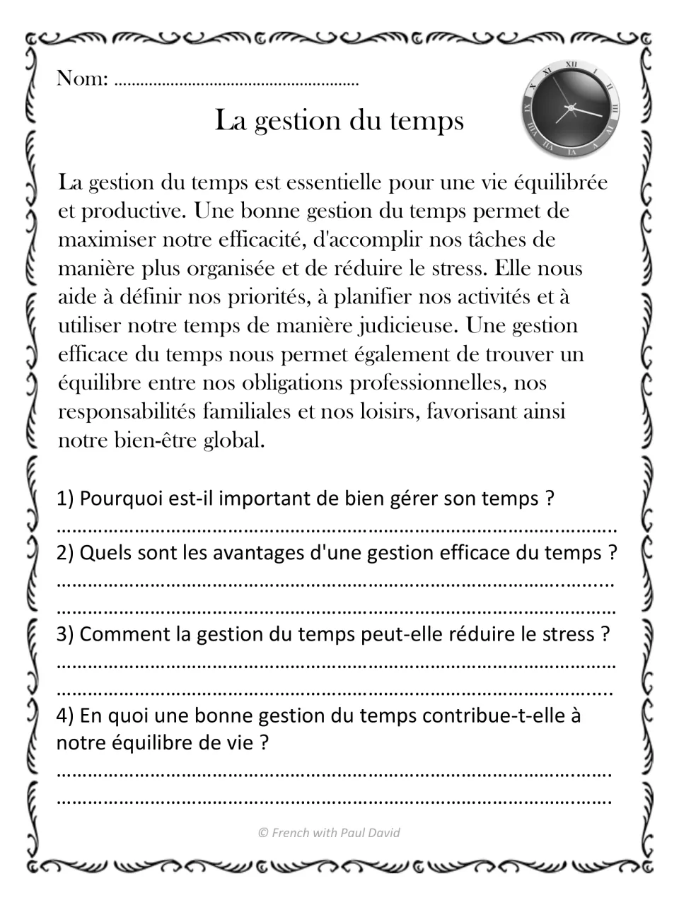 French reading passage on time management, with four questions about efficiency, stress, and life balance