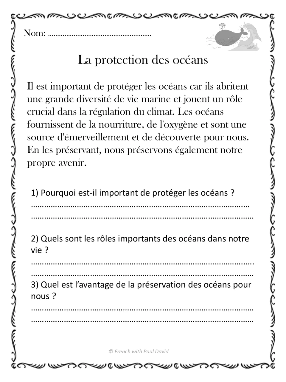 French reading passage on protecting oceans, with three questions about their importance, roles, and preservation