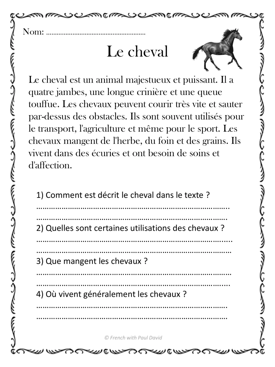 French reading passage Le cheval (horse), with four questions about its description, uses, food, and shelter
