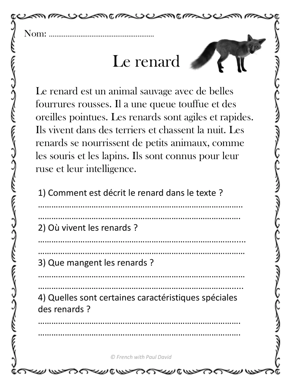 French reading passage Le renard (fox), with four questions about its appearance, home, food, and traits