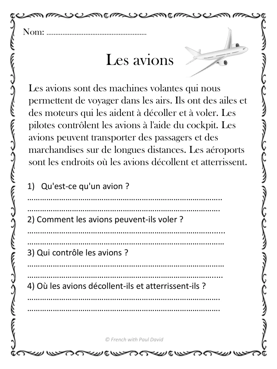 French reading passage Les avions (airplanes), with four questions about flight, pilots, and airports