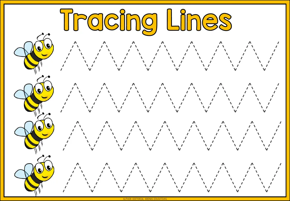 Tracing practice sheet 1 of 9: four repeated paths of narrow zigzags with evenly spaced peaks and valleys