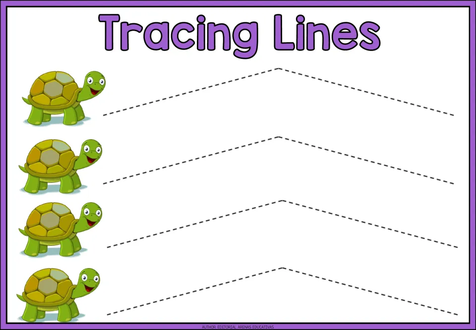 Tracing practice sheet 6 of 9: four repeated angled paths, each sloping up to one peak and then down