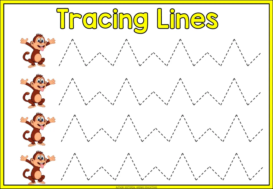 Tracing practice sheet 8 of 9: four repeated zigzag paths alternating tall and short pointed peaks