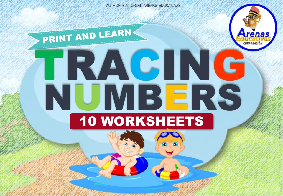 Tracing Numbers cover: Print and Learn set of 10 worksheets, shown with two cartoon kids floating in a pool on swim rings