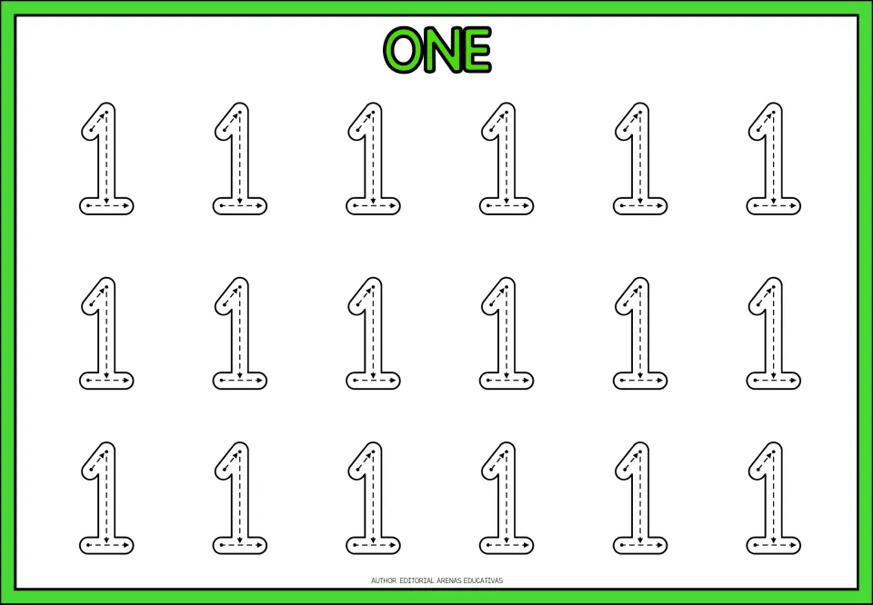 Number 1 tracing, headed ONE: students trace 18 dashed 1s, following arrows for the slant, the down stroke and the base