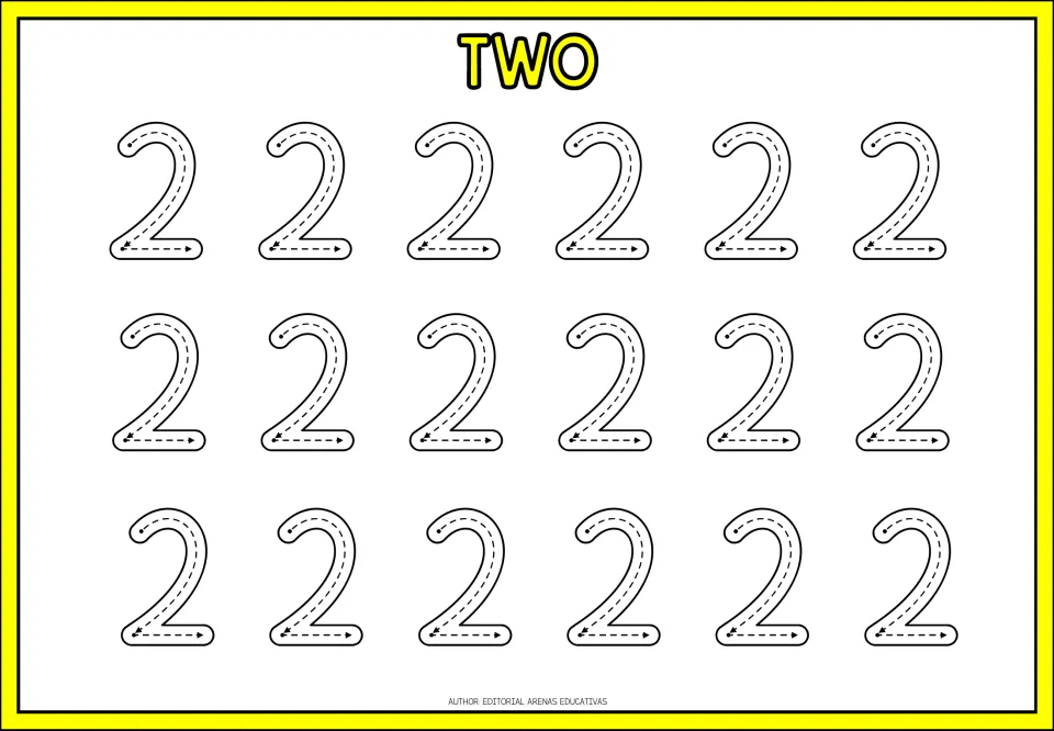 Number 2 tracing, headed TWO: students trace 18 dashed 2s, following arrows around the curve and then along the base line