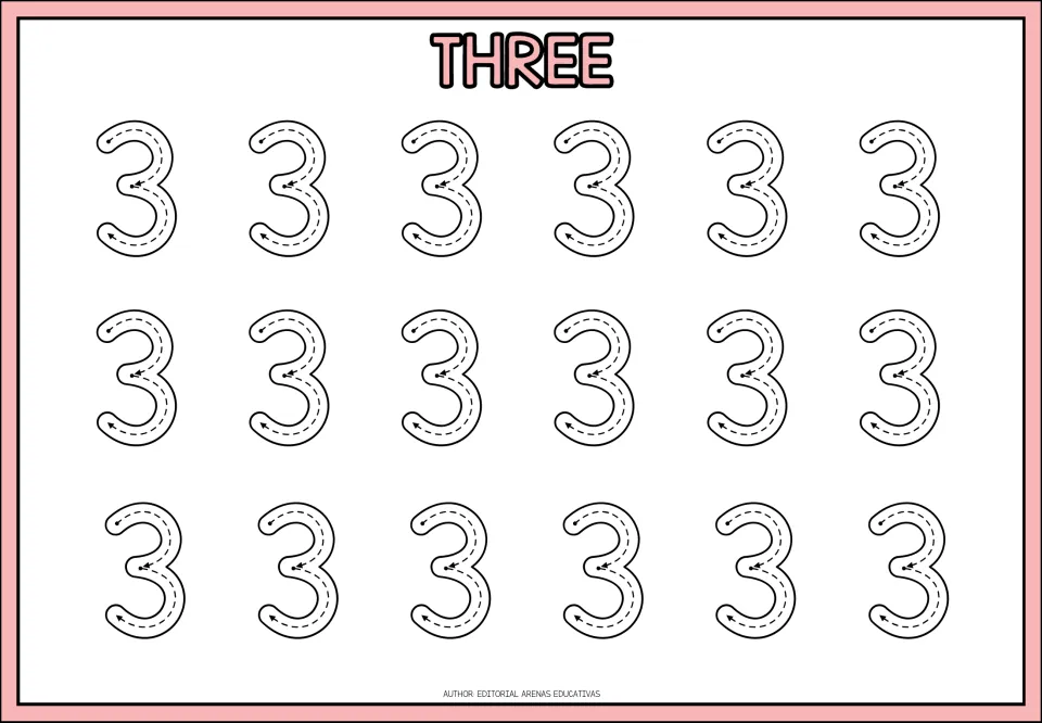 Number 3 tracing, headed THREE: students trace 18 dashed 3s, following arrows around the top curve and then the bottom curve