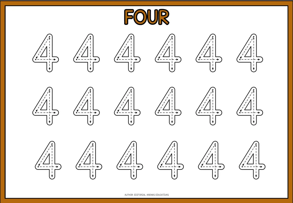 Number 4 tracing, headed FOUR: students trace 18 dashed 4s, following arrows for the slant, the crossbar and the down stroke